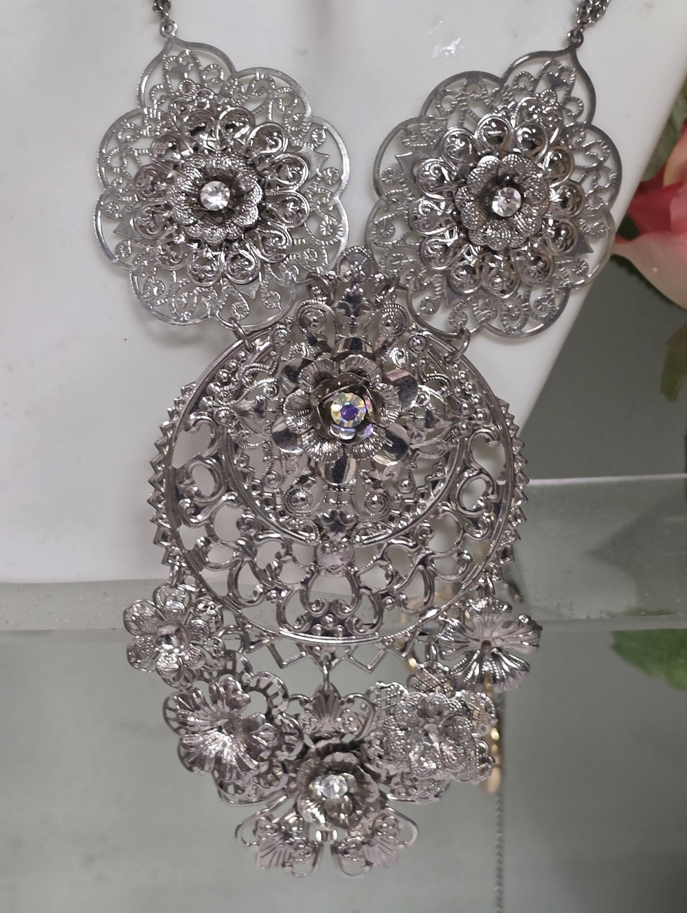 TRUE VINTAGE Silver VICTORIAN Floral Filigree Statement Necklace W AB crystals - Picture 3 of 10